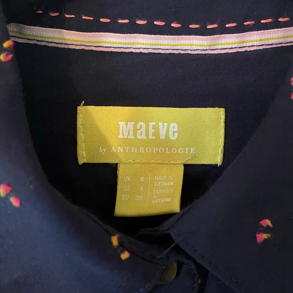 Maeve Anthropologie Navy Blue Polka Dot Button Down Shirt Preppy Women's size 4 - Picture 2 of 12